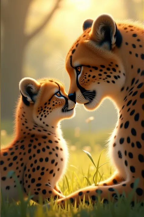 Cheetah and her mother are both looking lovingly into each others eyes