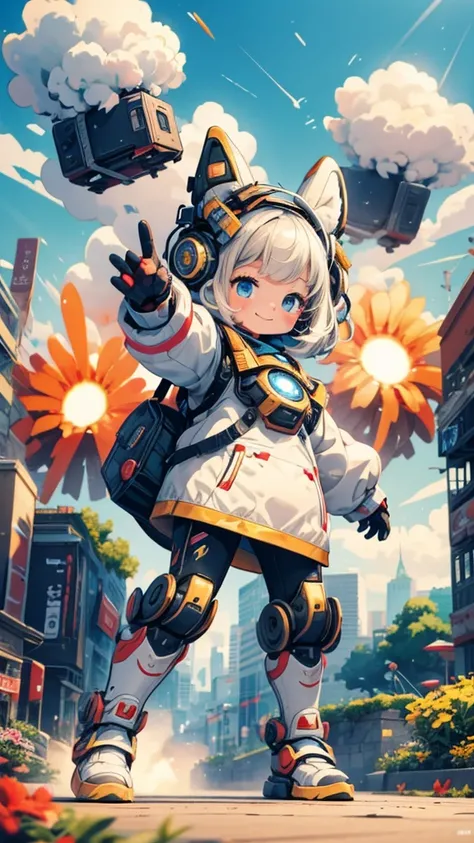 masterpiece，Best image quality，Little，very cute，A girl who is an anthropomorphized realistic robot，Fight the enemy，Fancy explosions，The best smile，Detailed park background，