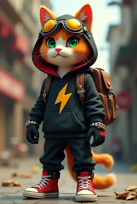 an orange and white furred cat, green-eyed, wearing black sweatshirt wearing red hood on head, with yellow-lensed pilot glasses on his forehead, with a brown backpack on his back, a lightning symbol in the middle of his chest and wearing black gloves witho...