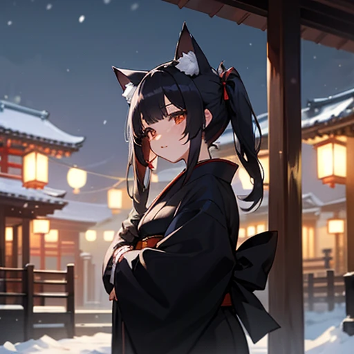 Japan, Japanese style, beautiful girl, Young, Japan人, Black Hair, Long twin tails, Cat ear, Black cat, Black kimono, night, snow, snow兎, Fluffy black gloves, beautiful, Lantern