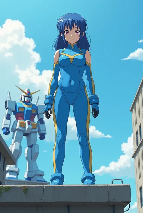 Live-action Cutie Honey, Her outfit is blue and light blue.。There is a thin yellow line. she、With the Odaiba Gundam statue in the background、Standing on top of an abandoned building