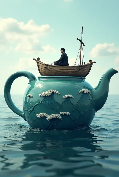 A teapot, the whole has a three-dimensional effect of waves, there is a small wooden boat on the sea, and there is a person on the boat