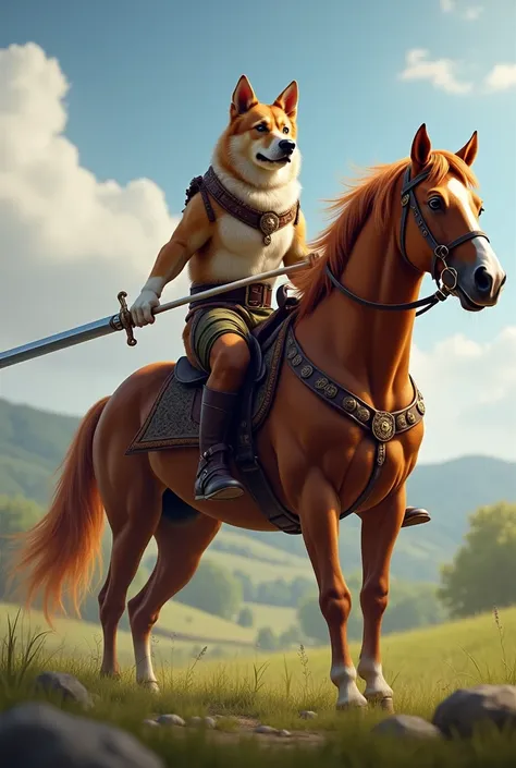 A dog sitting on horse back with a sword