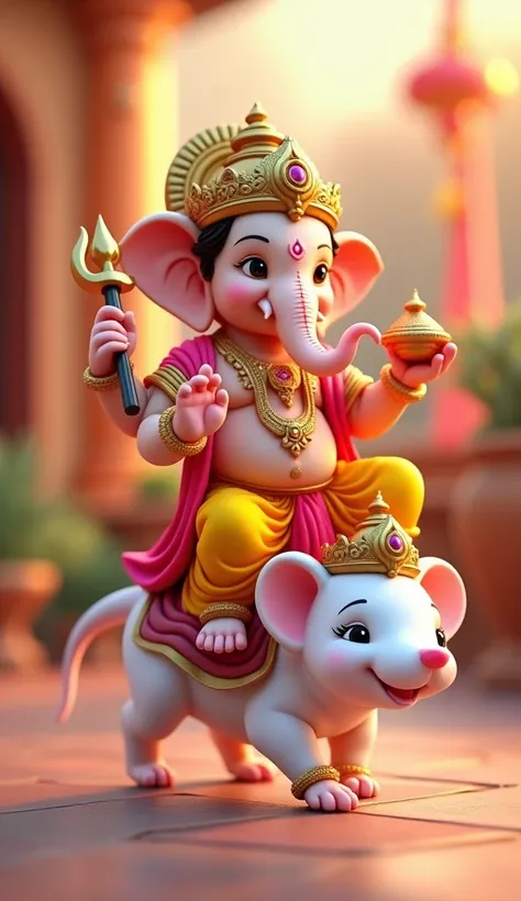 "A 3D illustration of Lord Ganesha riding on a mouse. Lord Ganesha, depicted as a child with an elephant head, is holding traditional symbols like a trident and modak. The mouse is white, carrying Ganesha joyfully on its back. The scene is rendered with 3D...