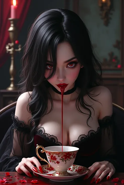 Sexy busty vampire girl drinking blood from an anime style cup