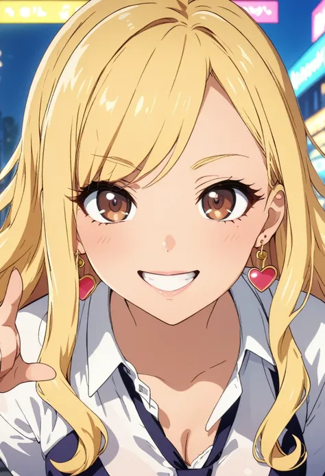 a girl with white bangs and long hair stares at something the camera is pointing at, gyaru, solo, earrings, jewelry, heart earrings, 1girl, looking at viewer, kogal, smile, anime coloring, blonde hair, brown eyes