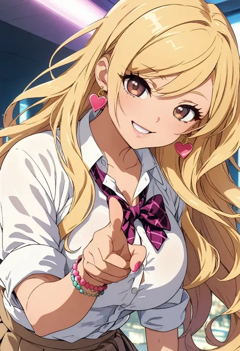 a girl with white bangs and long hair stares at something the camera is pointing at, gyaru, solo, earrings, jewelry, heart earrings, 1girl, looking at viewer, kogal, smile, anime coloring, blonde hair, brown eyes