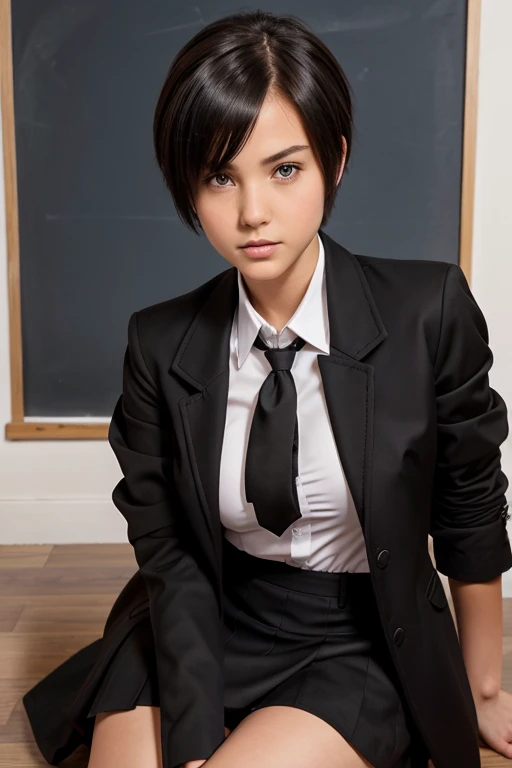 Tomboy girls with sexy emotions in black school uniform with coat sitting on knees looking at you , young girl , with bdsm handcliff and neck tie, short hair . Showings boobs. In white background, tall girl
