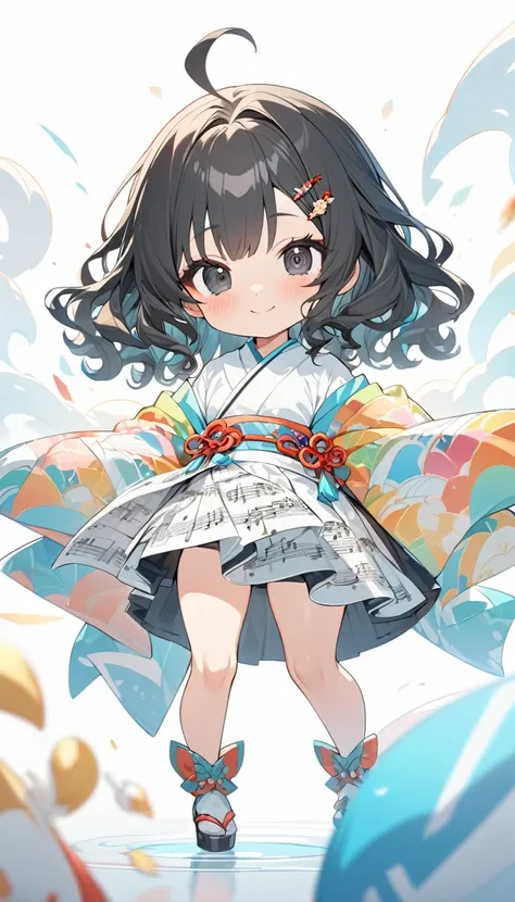 female child, , glad, smiling, looking at viewer, hime cut, ahoge, wavy hair, black hair, black eyes, big eyes, fair skin, chibi...