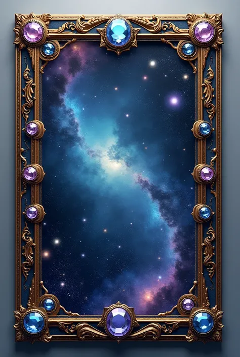 Universe themed rectangular frame with intricate patterns, decorations and gems no background 