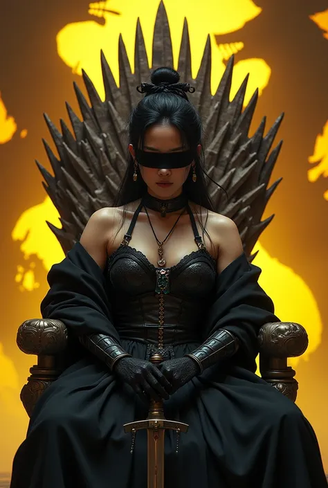 a beautiful korean woman wearing corset warrior clothes, sitting in a game of thrones chair, wearing black blindfold in her eyes, holding a sword, with yellow lights “PEN” background and dragons in a wall