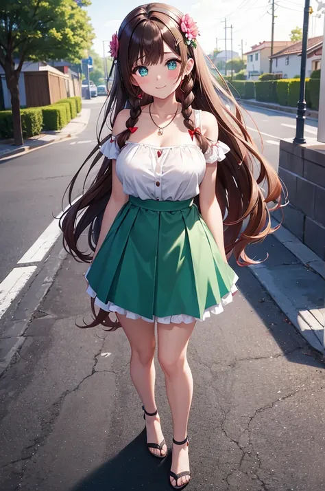 A beautiful girl spreading the skirt of her dress posing for the photo on the street, anime girl, street party, red hair bow, Mexican dress, (white top and dark green skirt), short sleeves, low-cut chest, necklace, large round breasts, ankle strap heels, f...