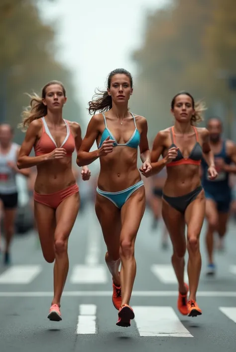 a realistic sports action photo of 3 beautiful nude women running next to each other on a busy street in a marathon, completely naked, shaved pussy and small tits
