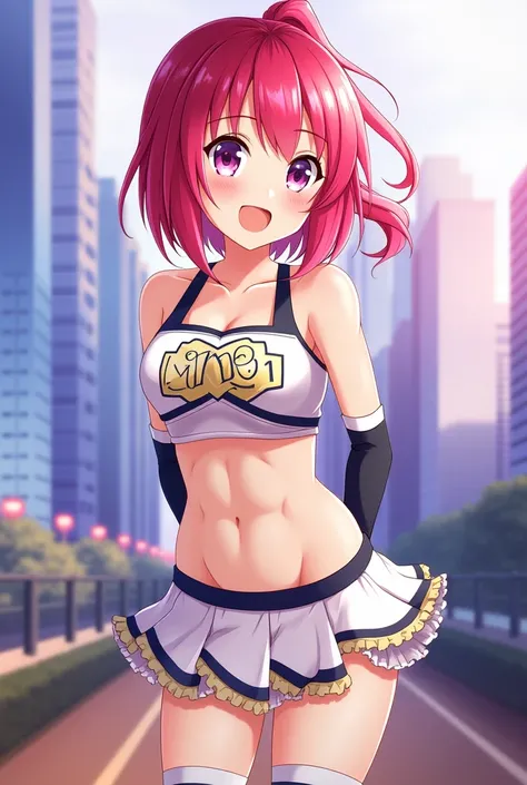 masterpiece, best quality, nishikino maki,red hair, medium hair, purple eyes , cheerleader top , tube top, skirt, elbow gloves, mismatched thighhighs , standing, arms behind back, smile , love live , ponytail 