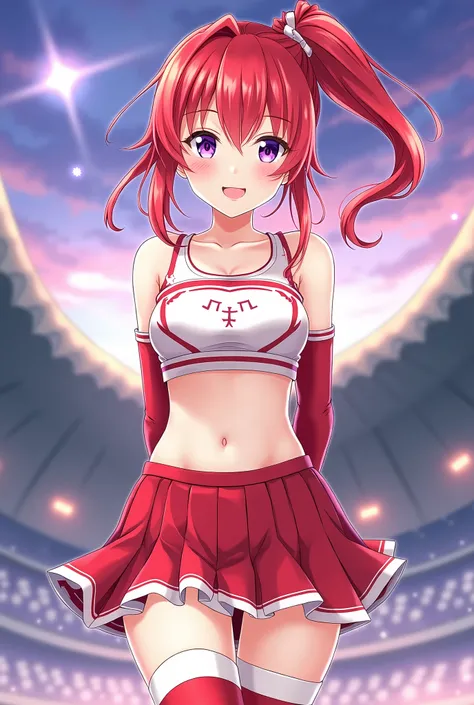 masterpiece, best quality, nishikino maki,red hair, medium hair, purple eyes , cheerleader top , tube top, skirt, elbow gloves, mismatched thighhighs , standing, arms behind back, smile , love live , ponytail 