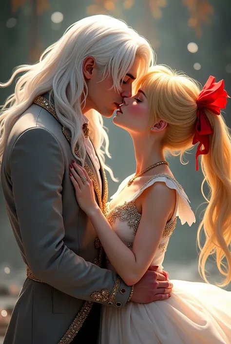 HD, A handsome Kunzite / Malachite man with long white hair, European appearance stands in gray clothes, beautiful man, beautiful skin,beautiful body,Sailor Venus with golden hair passion eros kisses lip a red bow on the back of her head,a short girl,weddi...