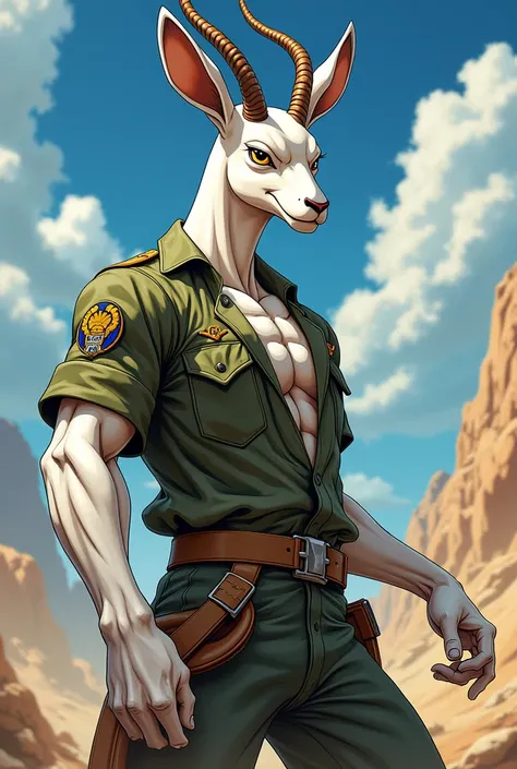 Gazelle blanche masculin en treillis militaire français qui montre ses biceps qui tant la main en dessin type one piece en portrait 