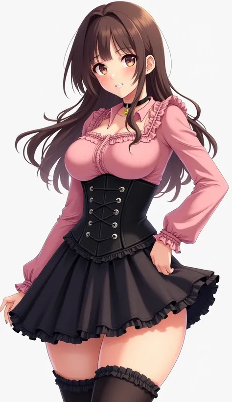 Anime, girl, pink frilly blouse, collared shirt, high waist skirt, black skirt, frilly skirt, cute, petite, large breasts, breast size bigger than head, voluptuous, curvaceous, stockings, thick thighs, thick hips, long hair, brown hair, choker, black corse...