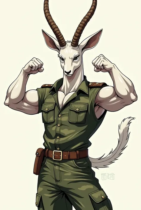 Gazelle blanche masculin en treillis militaire français qui montre ses biceps avec le poing en l’air en dessin type one piece en portrait 