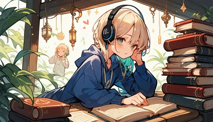 amidst the quietude of the night,、Young woman wearing headphones、Immersed in music。Woman in a relaxed pose、He appears to be deeply focused on the music playing through his headphones.。Around her、There is a book I&#39;m reading and a cup of hot drink.、The r...