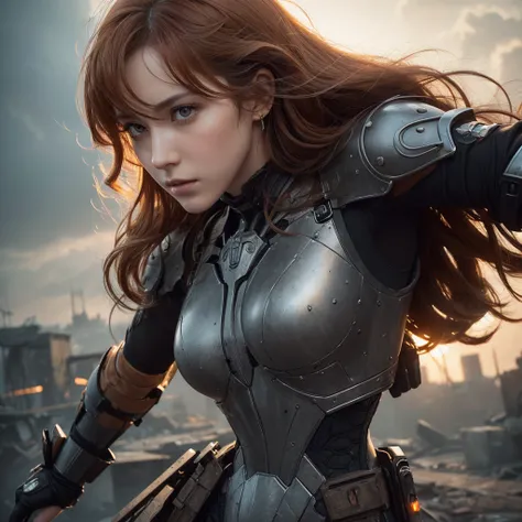 a beautiful woman, orange eyes, (blush nose), detailed eyes, cinematic, drawn by Greg Rutkowski, Yoji Shinkawa: 0.6long curly orange hair, defined body, wearing detailed Victorian-era armor (((super strong)), masterpiece, best quality, ultra-detailed, grou...