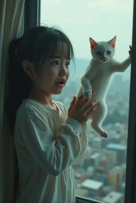 A girl threw a white skinny cat from 5th floor,(Petrolism,3d,8k, cinematic 