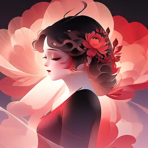 (masterpiece, best quality:1.2), 1 girl, solitary,pretty face，red fatism art nouveau，illustration style，black and red，flowers