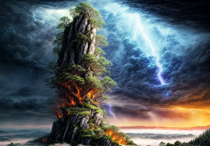 masterpiece, best quality landscape,forest land, dramatic lightning,chinese standard Tribulation thunder of cultivator,chinese handsome with silver long hair standing on sky((back view)),intricate details, sharp focus, 16k, professional illustration, giant...