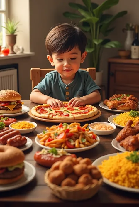 A boy is sitting in front of the table with many food like burger pizza hot dog chicken biryani etc He is 2