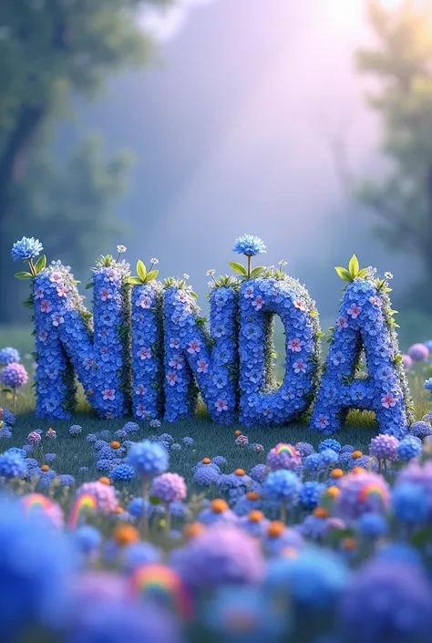 Make me a 4:3 sized picture that says the name "Ninda" decorated with blue flowers and shades of purple and green. And everything must be in capital letters.And decorate it with rainbow too. And the writing style must be Beautiful