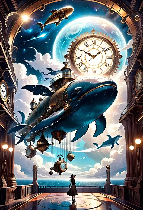 flying whale in space, steampunk, dieselpunk, clockpunk, mysterious color scheme, crepuscular light effect, conceptual installation fantasy art, 2.5D, delicate and dynamic