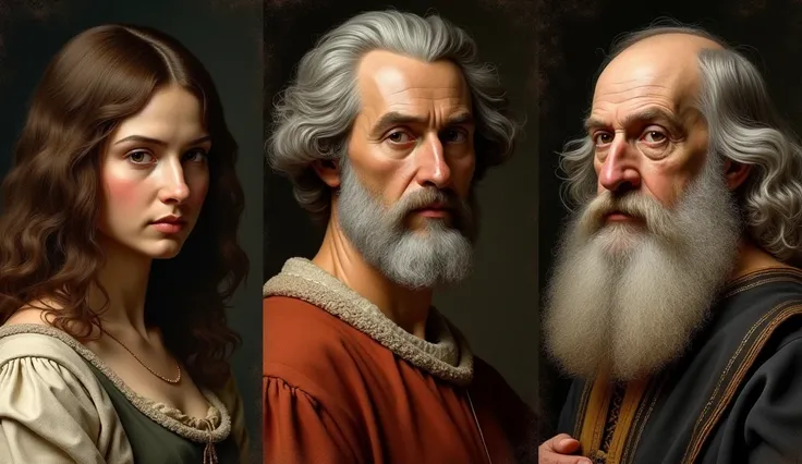 Produce detailed portraits of Leonardo da Vinci, Michelangelo, and Galileo Galilei, emphasizing their significant contributions to art, science, and