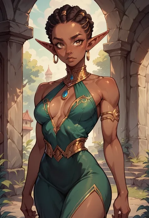 female elf, dark skin, detailed face, small waist, wide shoulders, athletic African, young