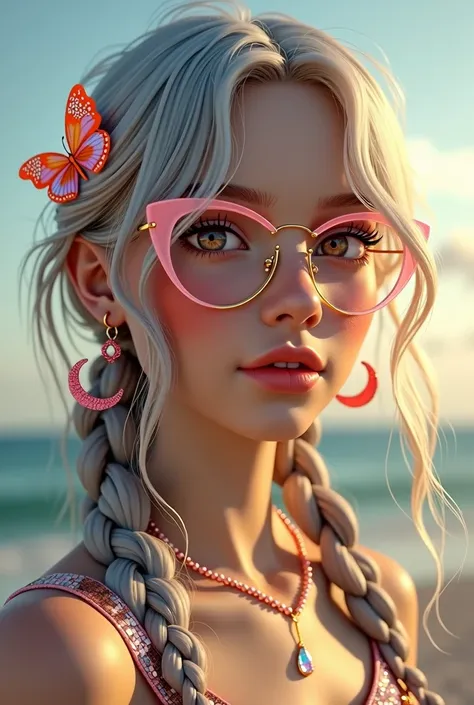 Big chest, Earrings, Crescent Shaped Earrings, Crystal Earrings, Cat ear, chest, Amber Eyes, The whole face turns red, Close-up, Wearing pink glasses, butterfly hair accessories, Hairpin, Half-rim glasses, Sparkle Effect, 8k octane, Diversity, Gentle color...