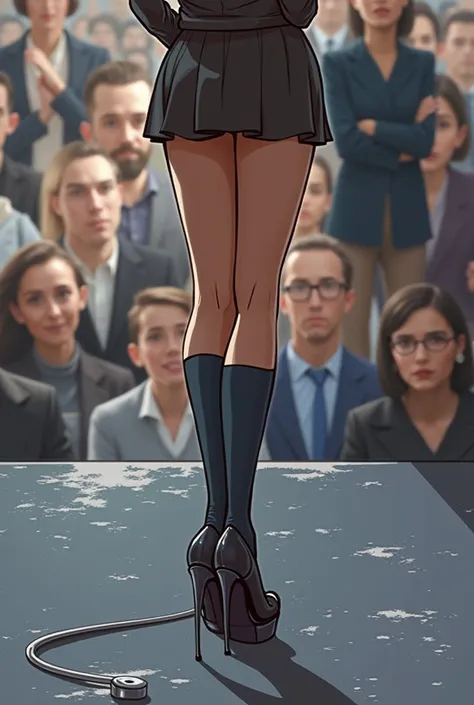 Using the girl face of picture (Img2img) on a girl wearing grey secretary sexy hot outfit, schoolgirl kind of style. Full opaque King Blue tights and huge large high heels. Using sexy black gloves 

She is istanding on a speech on public, she looks so hot