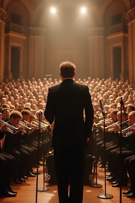 A wind instrument concert in a hall. The conductor turns around and sees more than 100 handsome players playing trumpets.