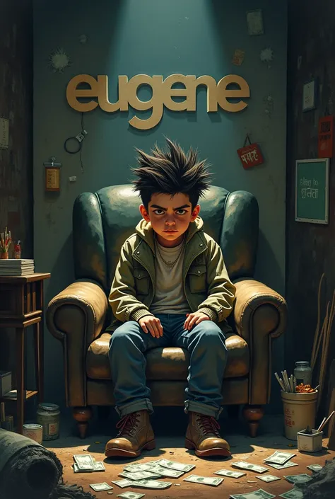 make a boy setting in tha chair with spike and have a money and cigarettes and put the word "Eugene" in the Middle