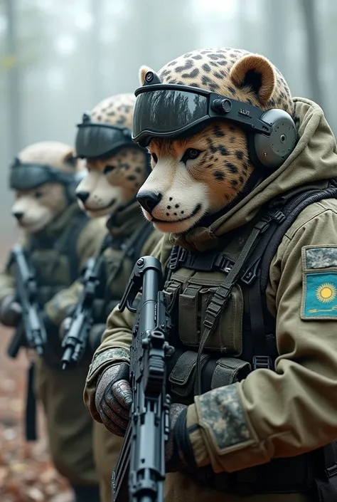 Special forces, half human, half snow leopard, Image of a bear. A squad of four bears. elite equipment. in combat helmets. flag of Kazakhstan