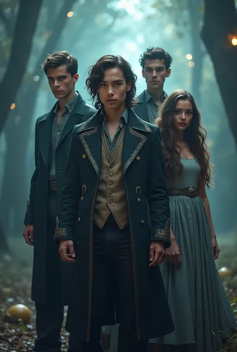 2 young handsome men, 1 young curly haired woman, 1 young straight heaired woman. whole body standing with serious faces. fantasy. like a movie poster.