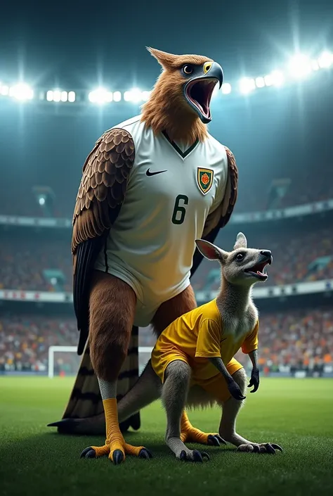 An intense scene featuring a Javan hawk-eagle, representing the Indonesian Garuda, wearing the latest white jersey of the Indonesian national football team, triumphantly standing over a kangaroo dressed in the yellow jersey of the Australian national footb...