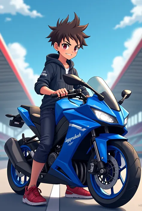 A 20 yrs anime boy stand front of racing blue yamaha RAYZR 125 scooty with the name jayaprakash 