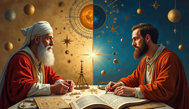 Influence of Islamic Knowledge on Renaissance Discoveries
A split-screen visual comparing the works of Islamic scholars with those of Galileo and Copernicus. One side shows an Islamic scholar with celestial charts and mathematical texts, while the other si...