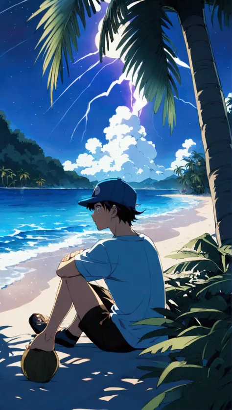 A boy sits on the beach, blue and purple mixed sea, looks like fantasy, at night, lightning moon, some clouds in the sky, small stars in the sky, forest between and in front of the sea, anime boy, wearing decent shirt, wearing a denim, wearing a cap, blue ...