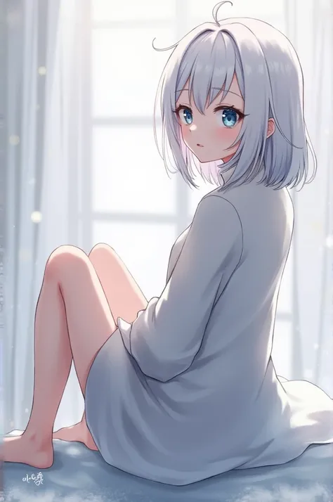 Griseo from Honkai Impact 3rd sitting down with her back to the screen, looking sideways to the screen with an cute smile