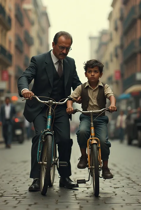 
A small newspaper poor boy is standing on his bicycle looking to long ahead. There is a rich father teaching his son to ride a bicycle all in one frame total 3 peaoples
