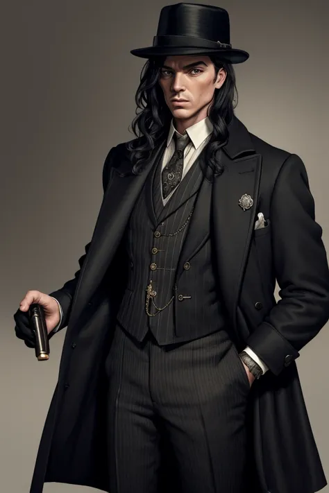 Create an image of a male gangster with the style inspired by the Peaky Blinders. He is wearing a vintage three-piece suit, long hair pushed back with curly hair, poker face with facing forward, and a long overcoat. The man exudes confidence and power, wit...