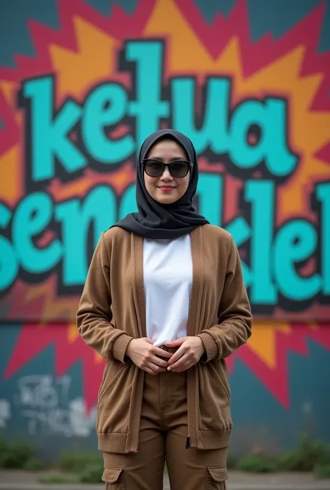 Photographyrealistic. A young woman with sun glasses, Indonesian hijab. cardigan, cargo pants folded with both hands in a professional style. behind the graffiti wall that says "KETUA SENGKLEK"
Ultra-realistic 8K photograph, shot with a Leica Q2, strong co...