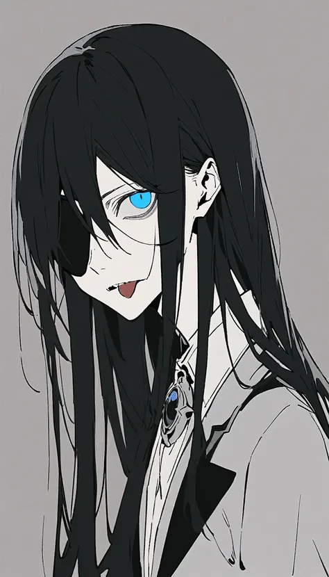 male、Black Hair、Long Hair、Slim figure、Black suit、Eye patch、Dark Gray Background、Evil look、Confused Eyes、Flat Color, High resolution, Attention to detail, Highest quality, とてもLong Hair, Sticking out tongue, Hollow Eyes, vision, Portraiture, Simple Backgroun...