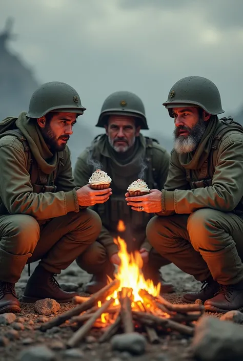 Four soldiers with steamed cup cakes
