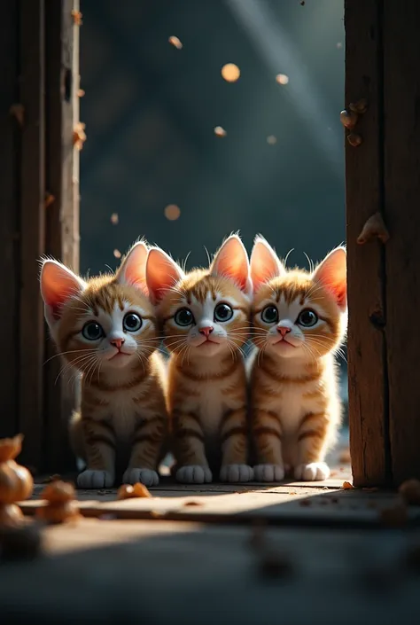 The three kittens peeking into the attic with wide eyes of excitement and curiosity. The scene should be filled with anticipation and wonder.